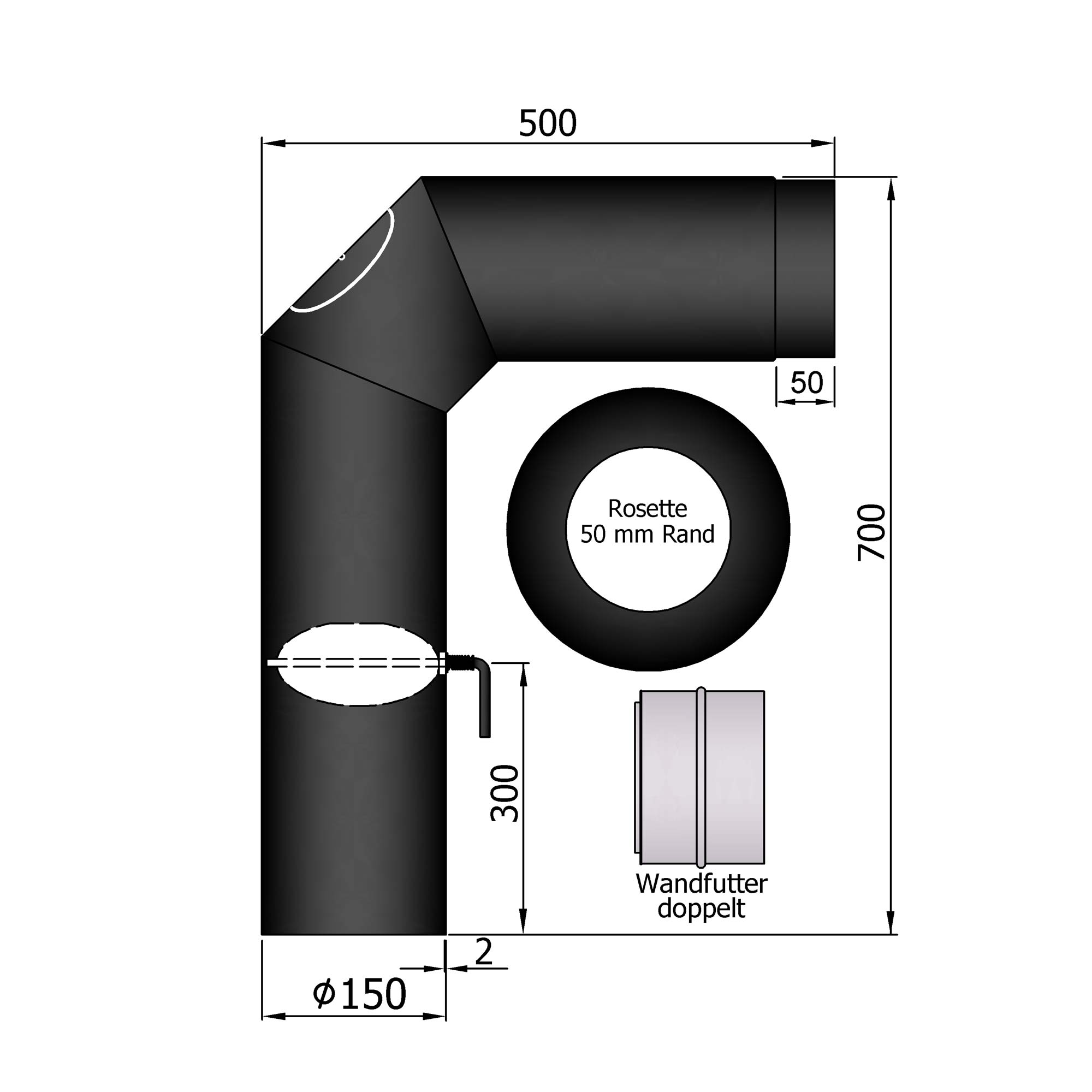 Rauchrohr Set Stahl 2x 45° 700 x 500 mm schwarz Ofenrohr