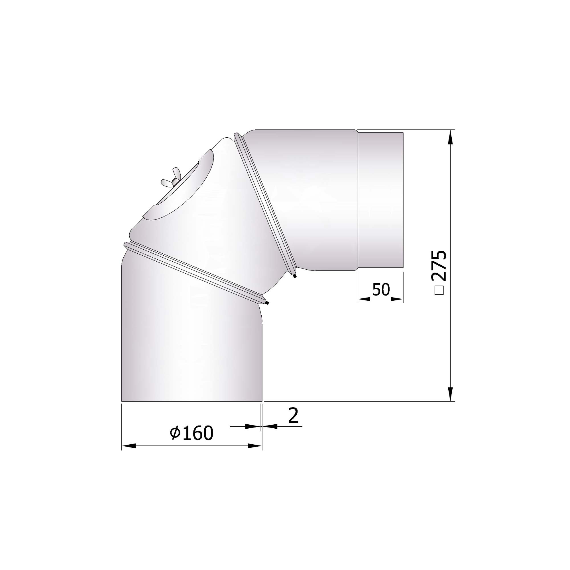 Rauchrohrbogen Stahl verstellbar 0-90° unlackiert mit Tür SM26-262