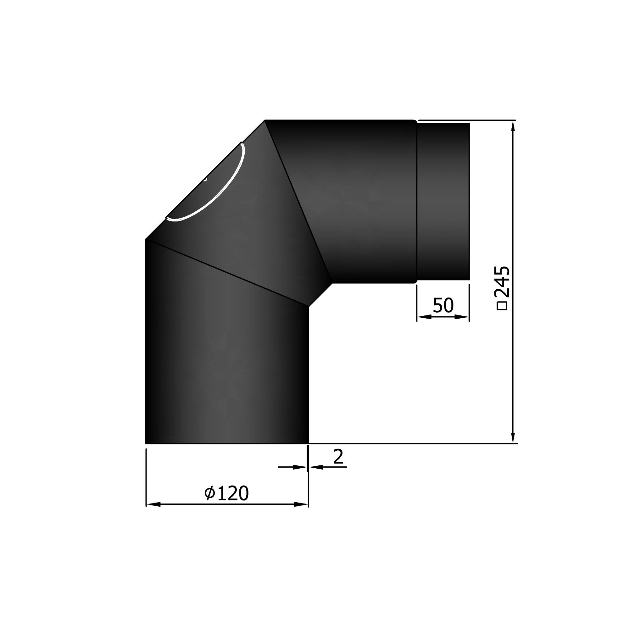 Rauchrohrbogen Stahl 2x 45° schwarz mit Tür, kurz SM12-254