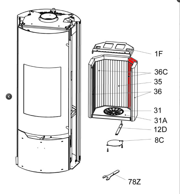 Olsberg Tolima PS Seitenstein rechts hinten Explosionszeichnung Olsberg Tolima PS Seitenstein rechts hinten Explosionszeichnung