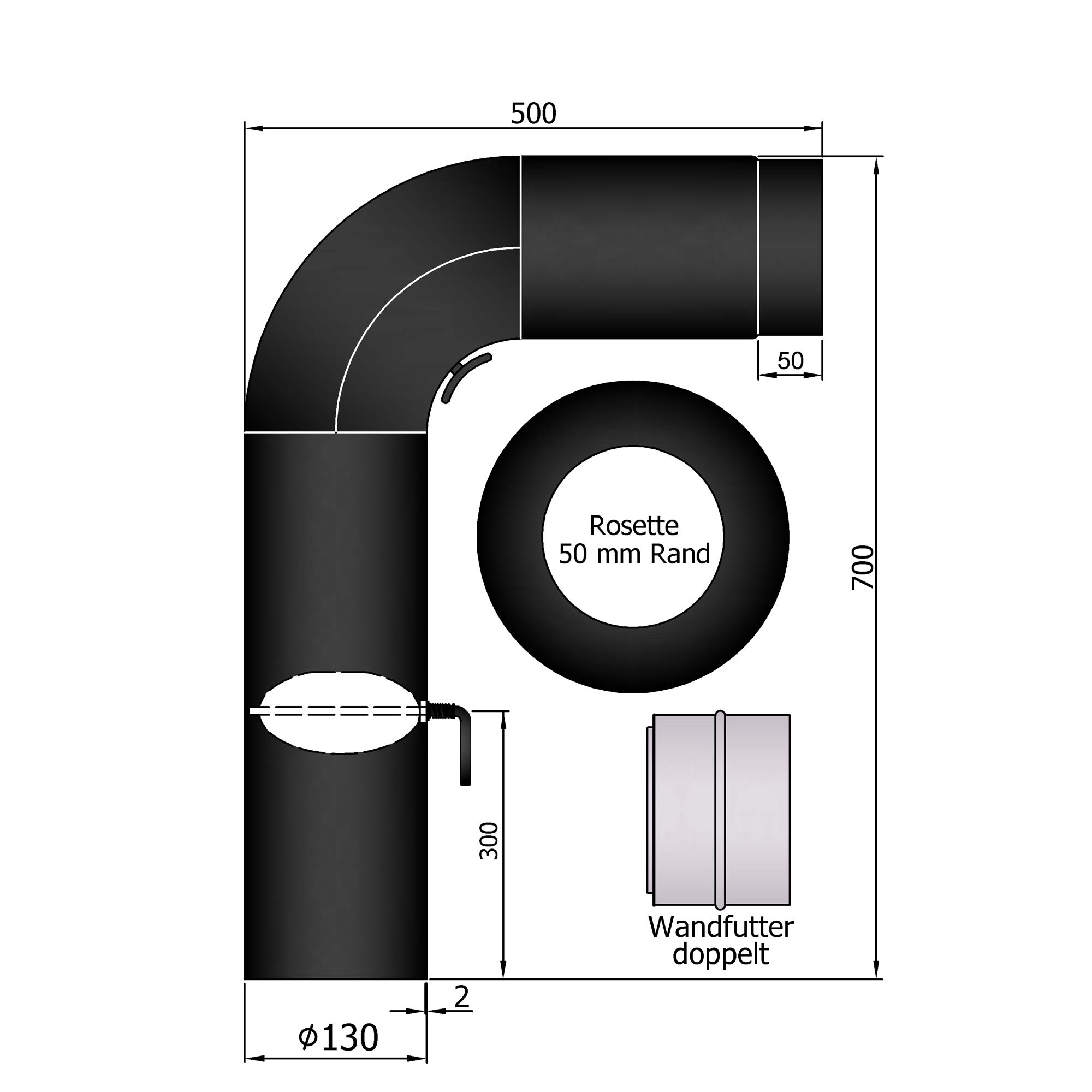 Rauchrohr Set Stahl 90° 700 x 500 mm schwarz, gezogen SM13-430