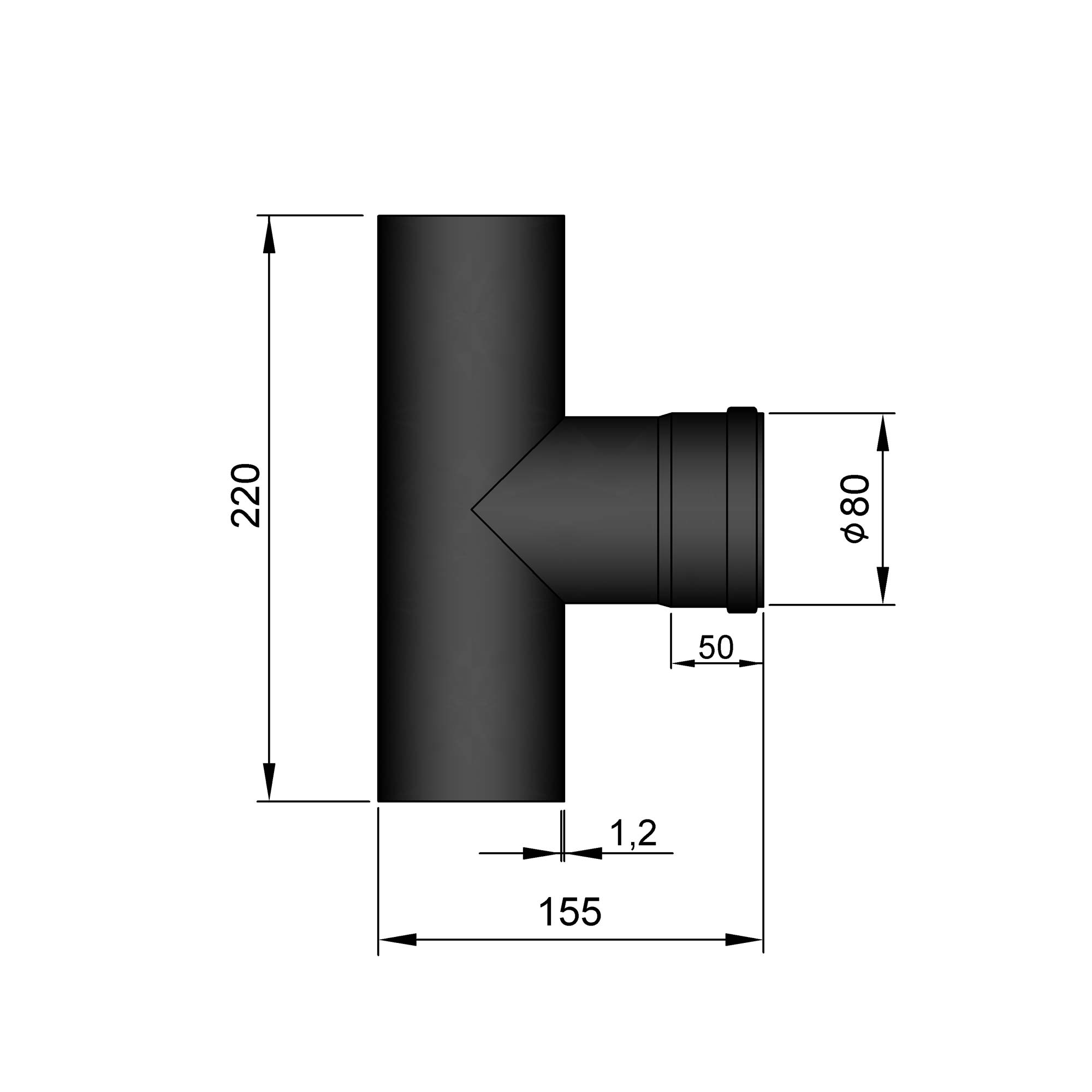 T-Stück Pellet-Ofenrohr Stahl 90° schwarz, Steckende-Steckende SM19-284