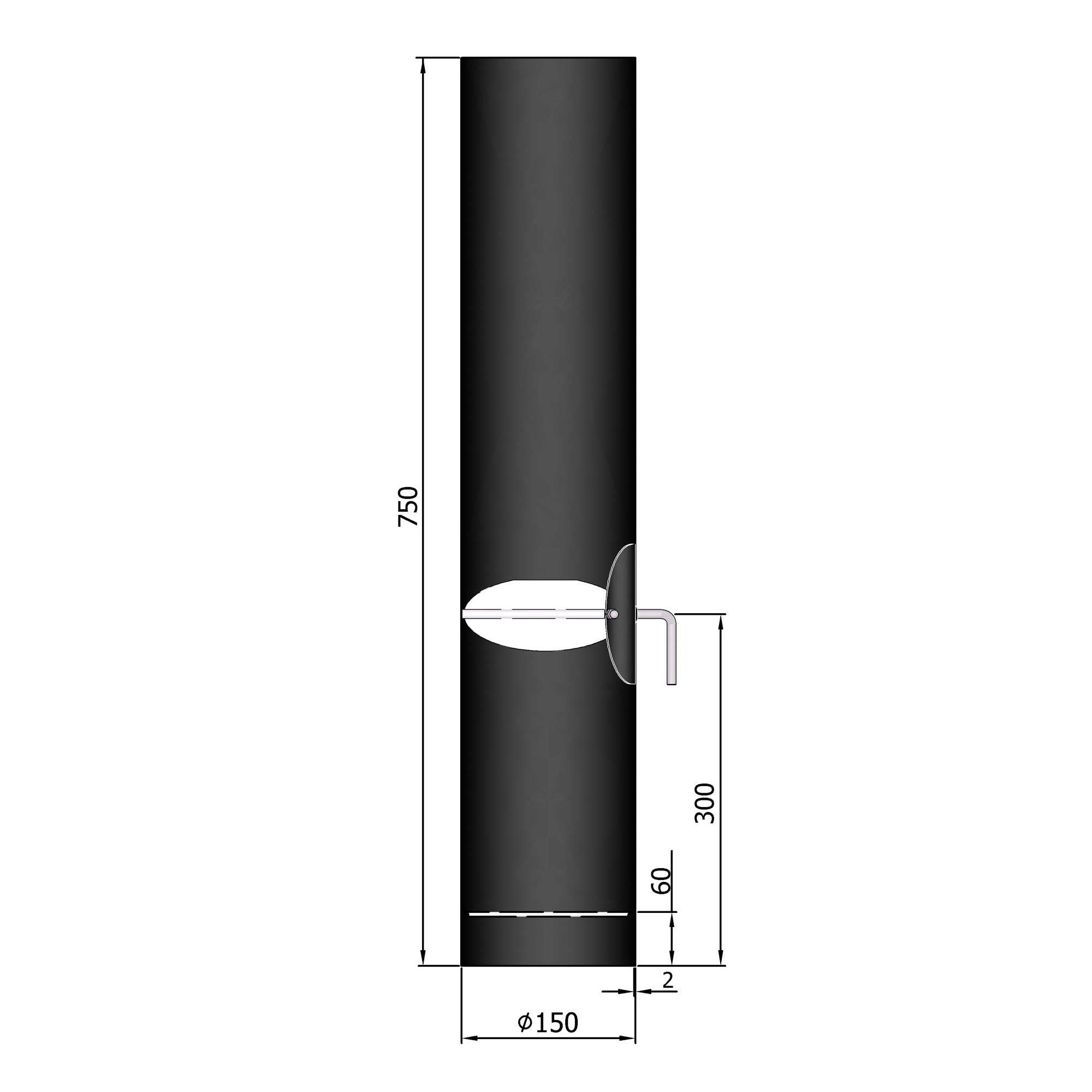 Rauchrohr Stahl 750 mm schwarz mit Tür, Drosselklappe, Kondensring SM13-168.1