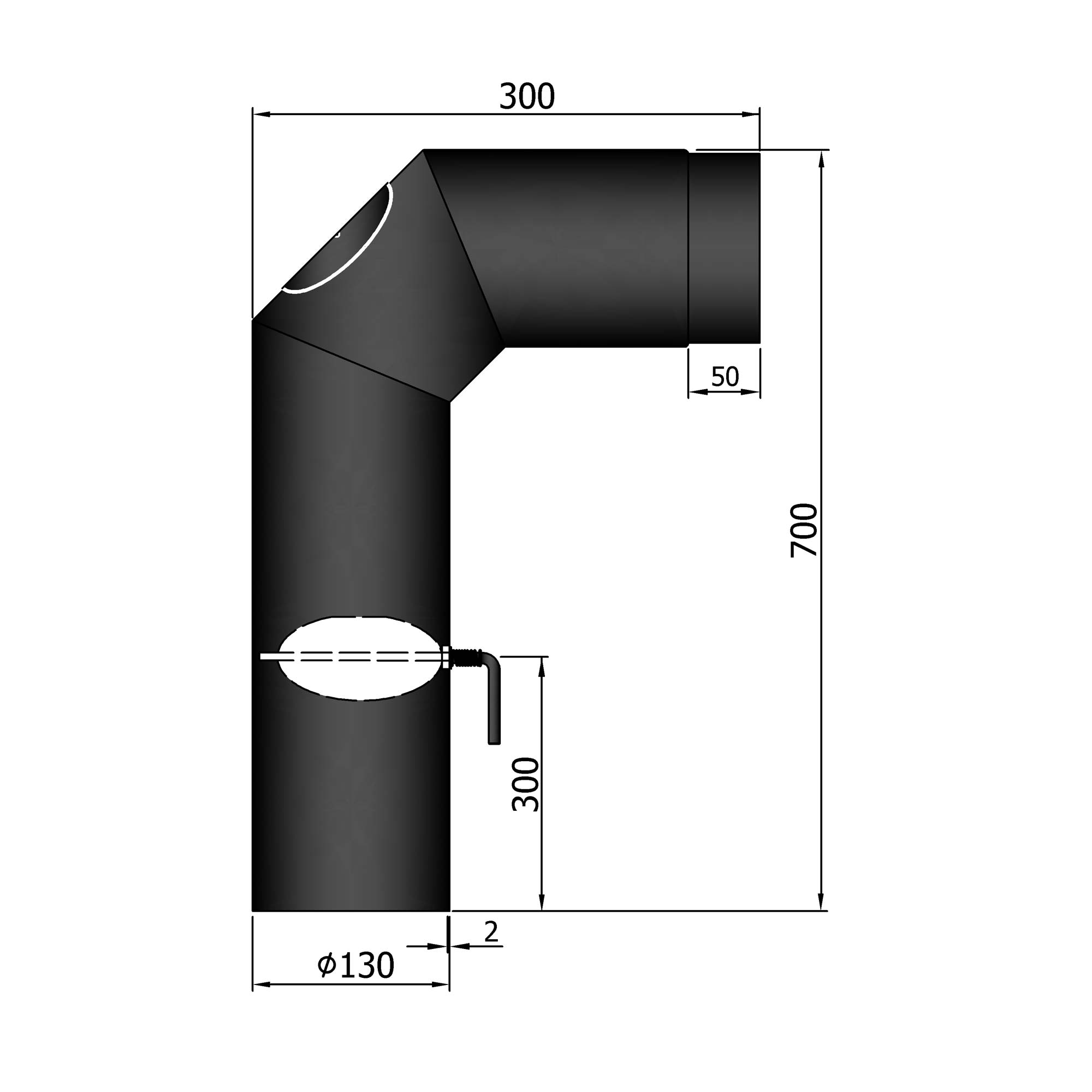 Anschlussrohr Stahl 2x 45° 700 x 300 mm schwarz mit Tür und Drosselklappe SM13-342