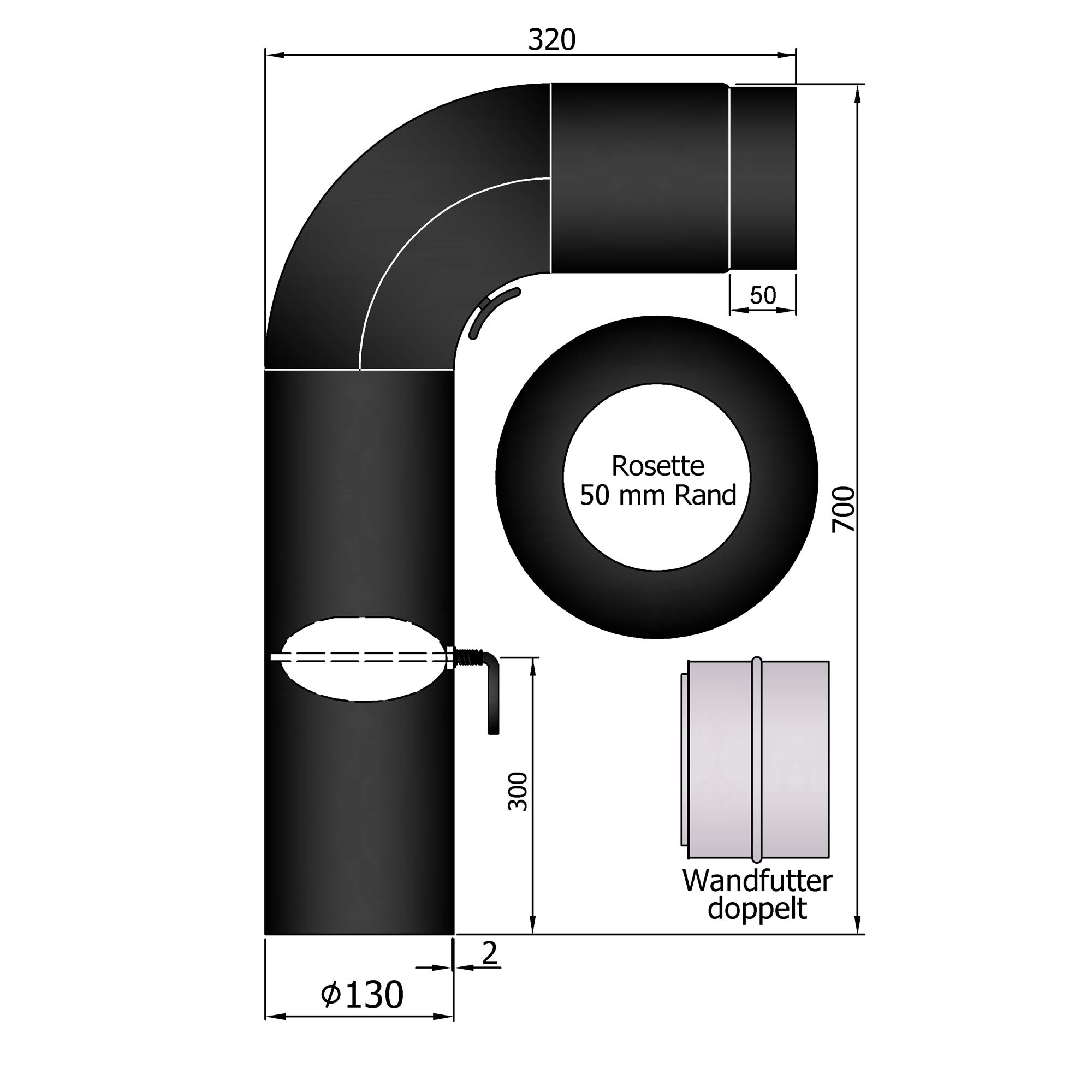 Rauchrohr Set Stahl 90° 700 x 320 mm schwarz, gezogen, kurz SM13-432