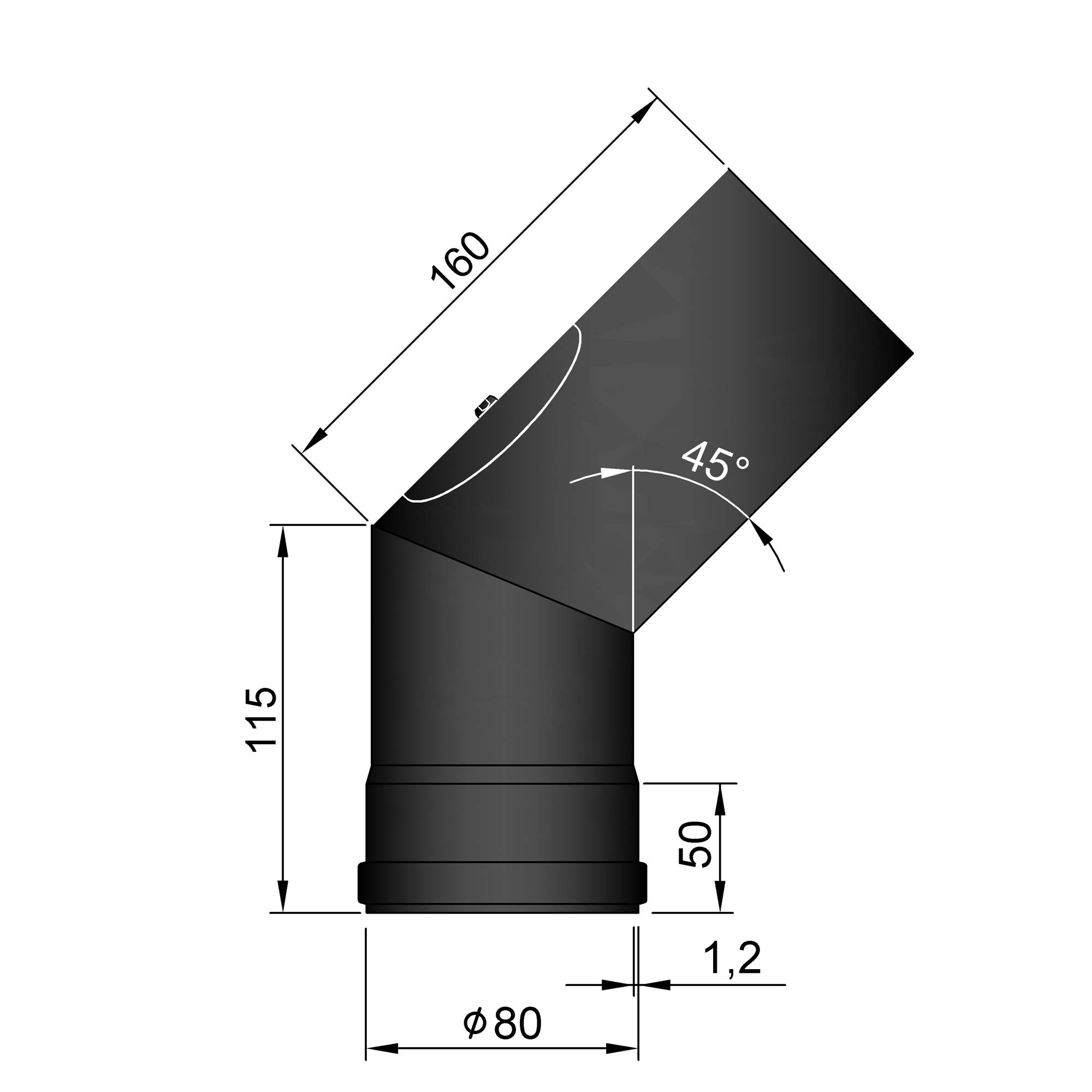 Pellet-Ofenrohrbogen Stahl 45° schwarz mit Putztür SM19-242