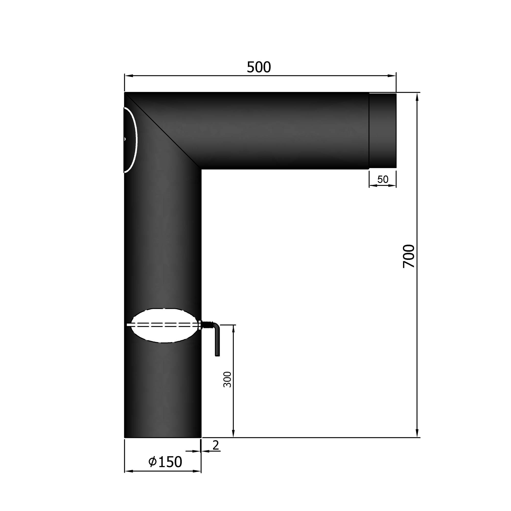 Anschlussrohr Stahl 90° 700 x 500 mm Ø 150 mm mit Tür schwarz Rohr Anschlussrohr Stahl 90° 700 x 500 mm Ø 150 mm mit Tür schwarz Rohr