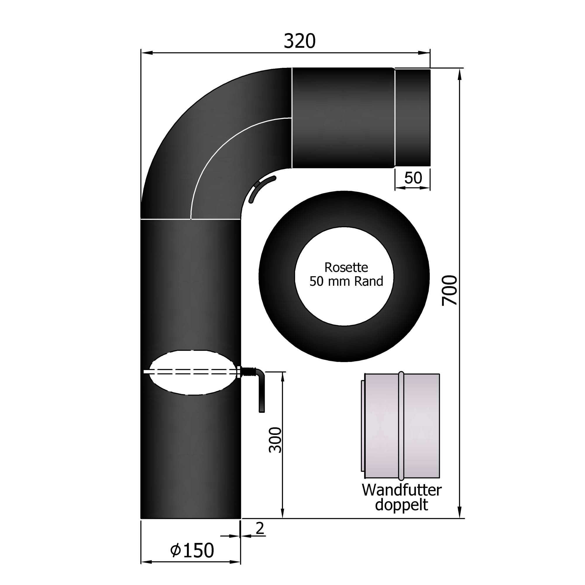 Rauchrohr Set Stahl 90° 700 x 320 mm schwarz, gezogen, kurz SM13-432.1
