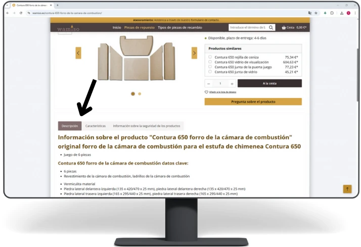 Ficha de uno de nuestros productos. Una flecha resalta la información importante.