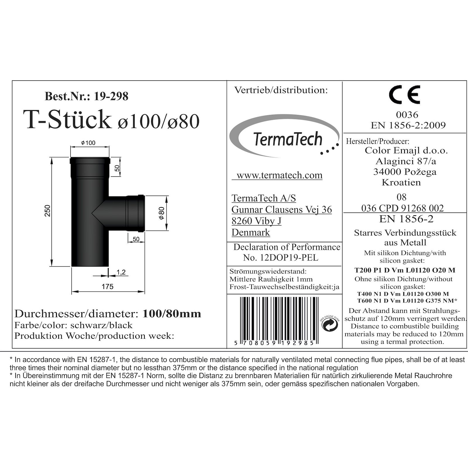 T-Stück Pellet-Ofenrohr 90° Ø 80 mm schwarz,  Muffe-Muffe, Übergang 80/100mm