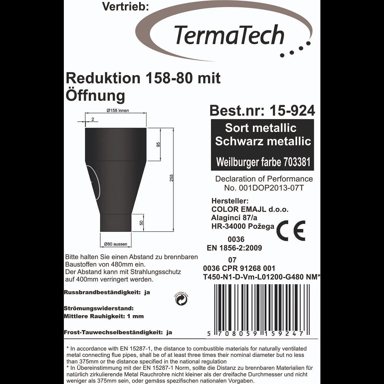 Rauchrohr Erweiterung m. Tür von Ø80-150 (Inn.:158/Auss.80) schwarz