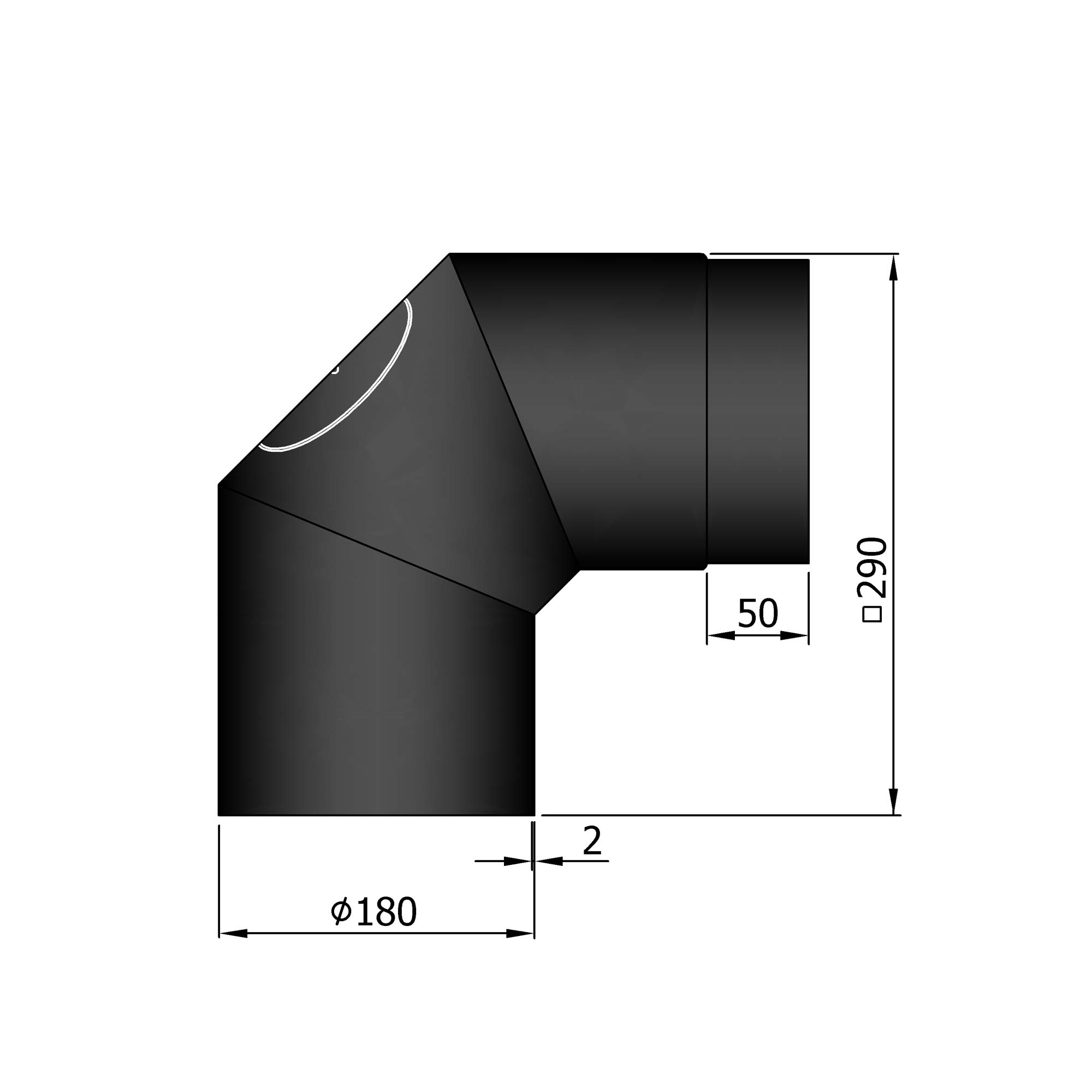 Rauchrohrbogen Stahl 2x 45° schwarz mit Tür, kurz SM12-254.2