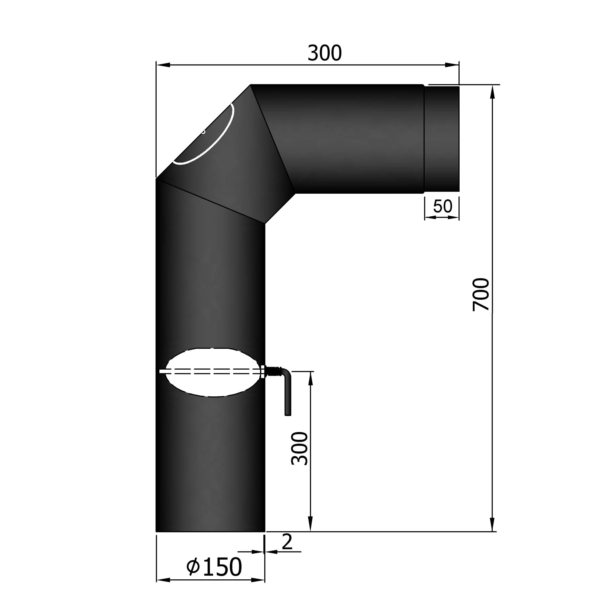 Anschlussrohr Stahl 2x 45° 700 x 300 mm schwarz mit Tür und Drosselklappe SM13-342.1