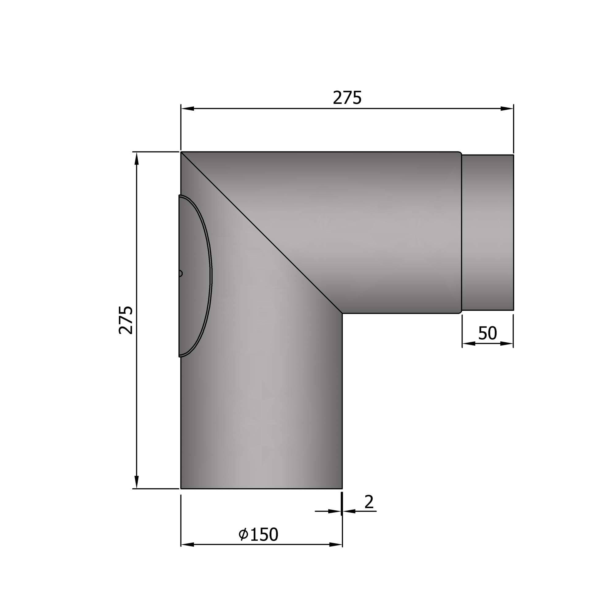 Rauchrohrbogen Stahl 90° Ø 150 mm hellgrau mit Tür, kurz