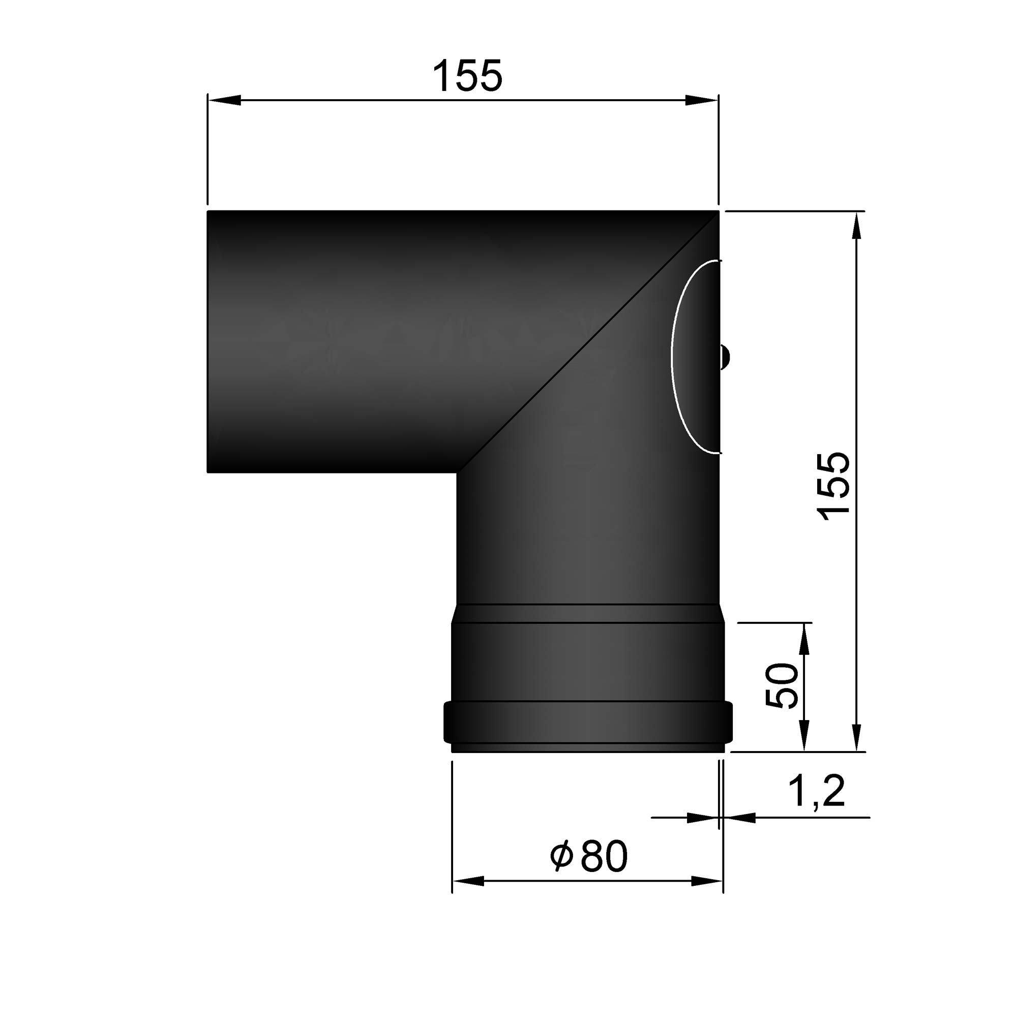 Pellet-Ofenrohrbogen Stahl 90° schwarz, mit Tür auf Muffenseite SM19-290