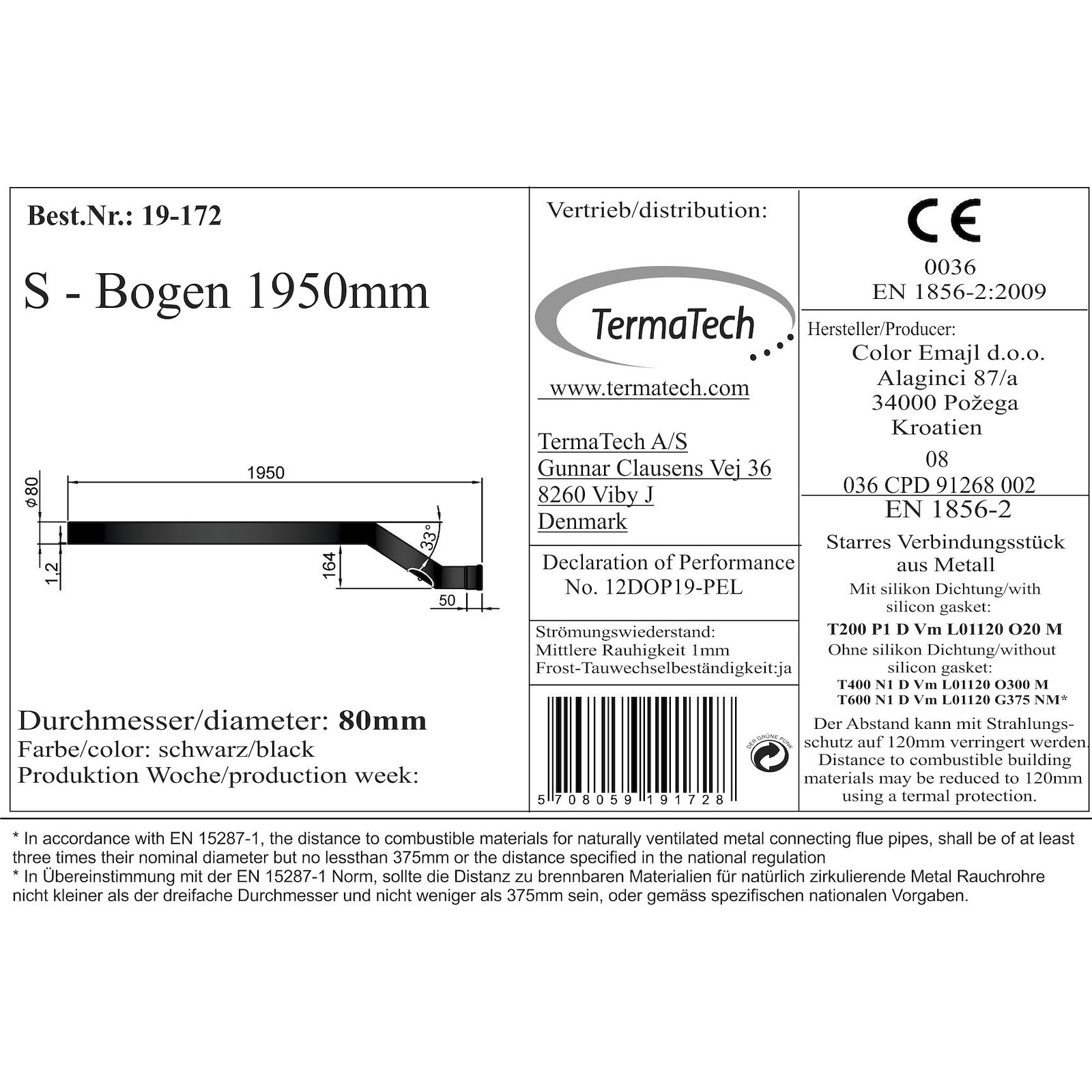 Pelletofen Versatzrohr Stahl 1950 mm Ø 80 mm schwarz mit Versatz 16,4 cm
