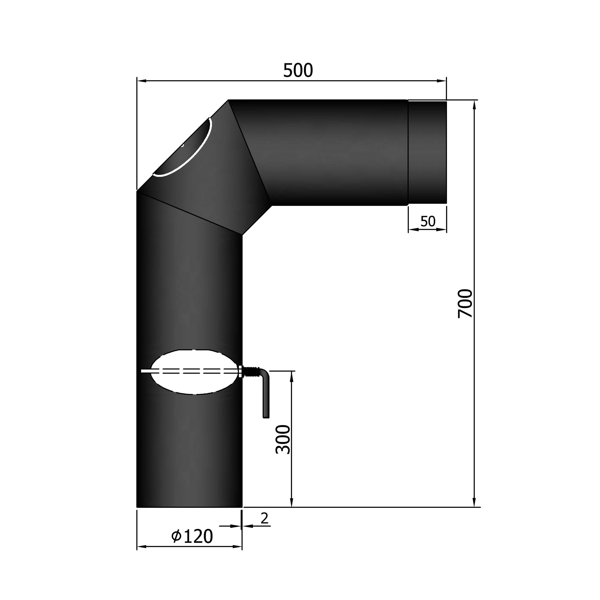 Anschlussrohr Stahl 2x 45° 700 x 500 mm schwarz mit Tür, Drosselklappe SM12-340