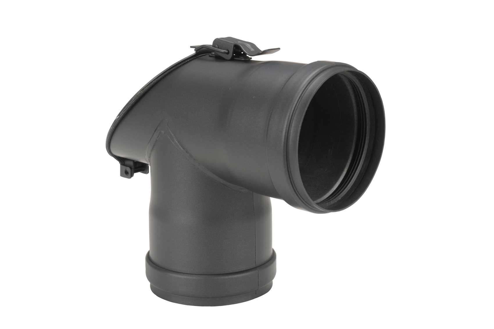T-Stück Pellet-Ofenrohr 90° schwarz mit 45° Prüföffnung, Muffe-Muffe SM19-288