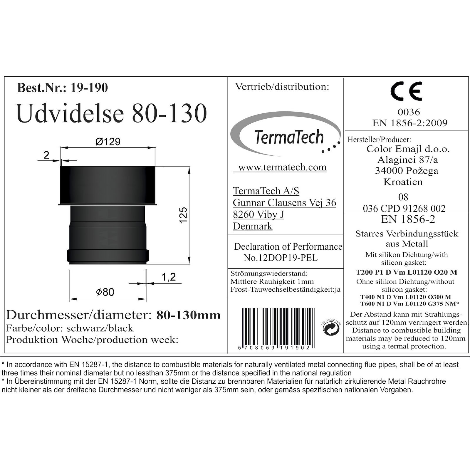 Reduzierung Pellet-Ofenrohr 80 mm auf 130 mm schwarz