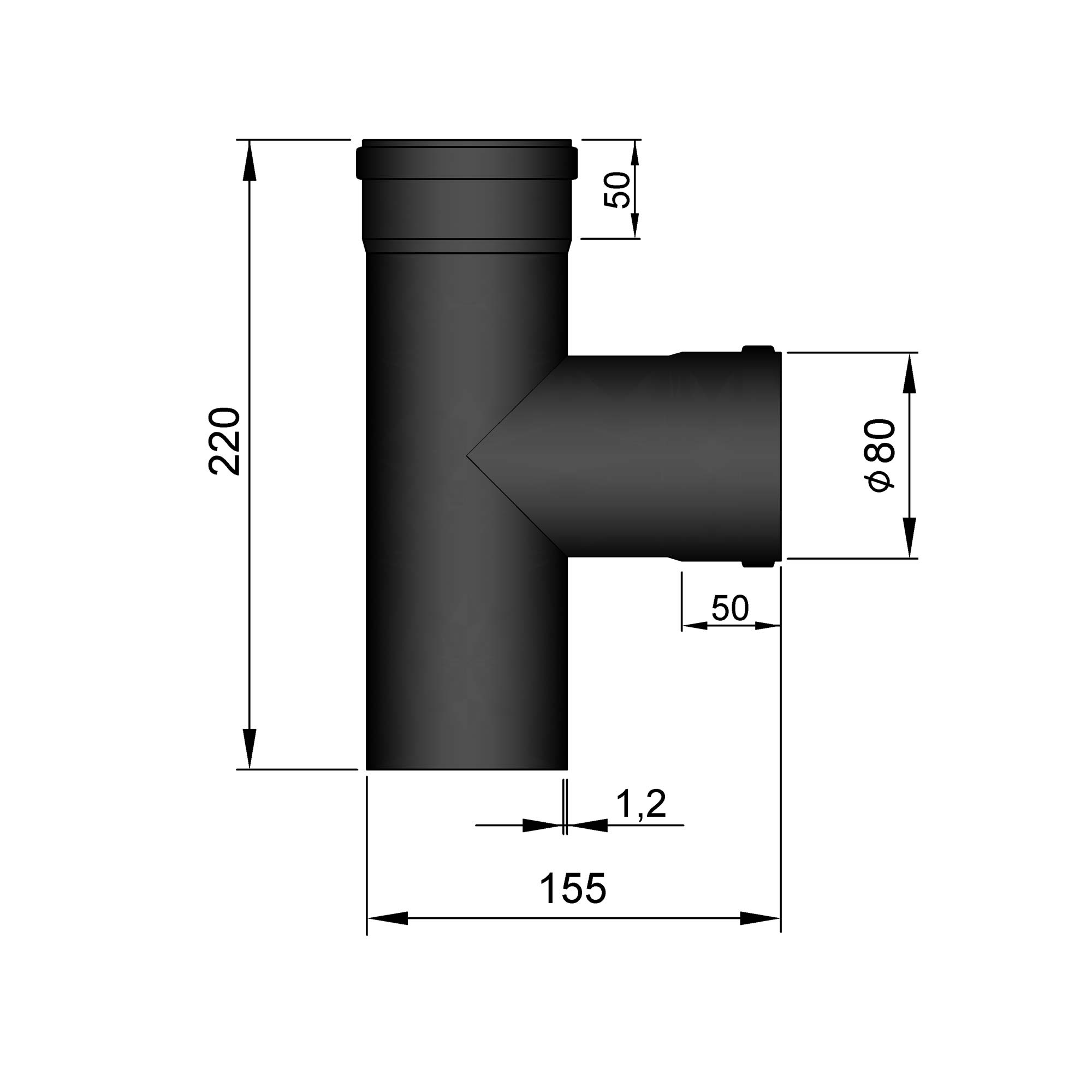 T-Stück Pellet-Ofenrohr Stahl 90° schwarz, Steckende-Muffe SM19-286