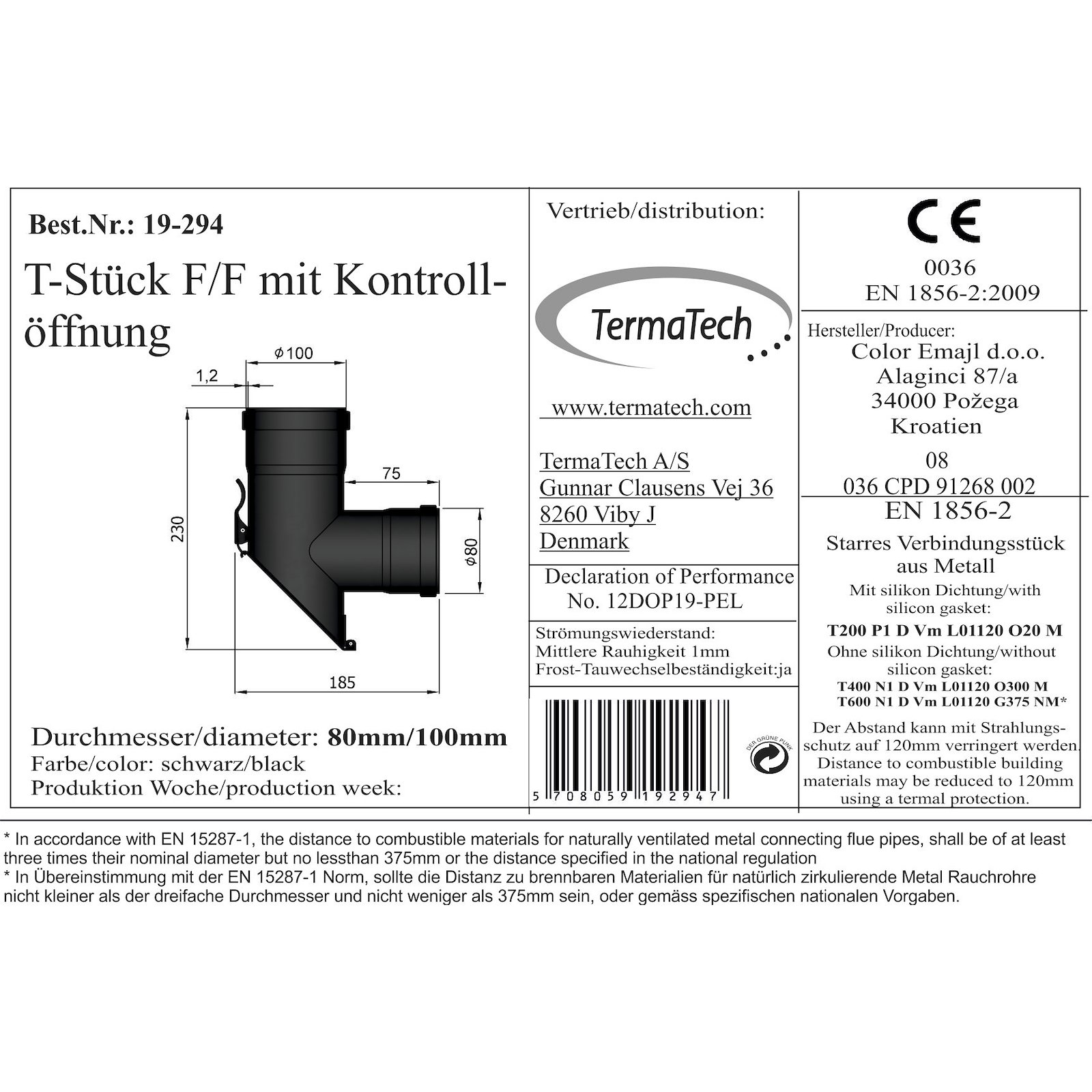 T-Stück Pellet-Ofenrohr 90° schwarz mit 45° Prüföffnung, Muffe-Muffe, Übergang 80/100 mm