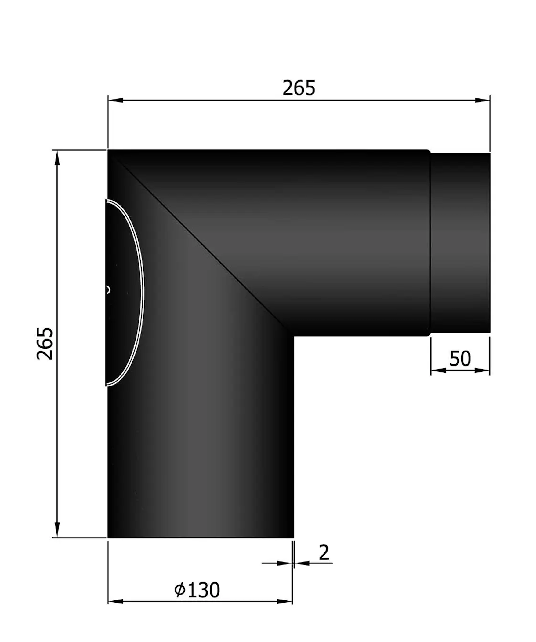 Rauchrohr Bogen Stahl 90° m. Tür Ø130mm schwarz