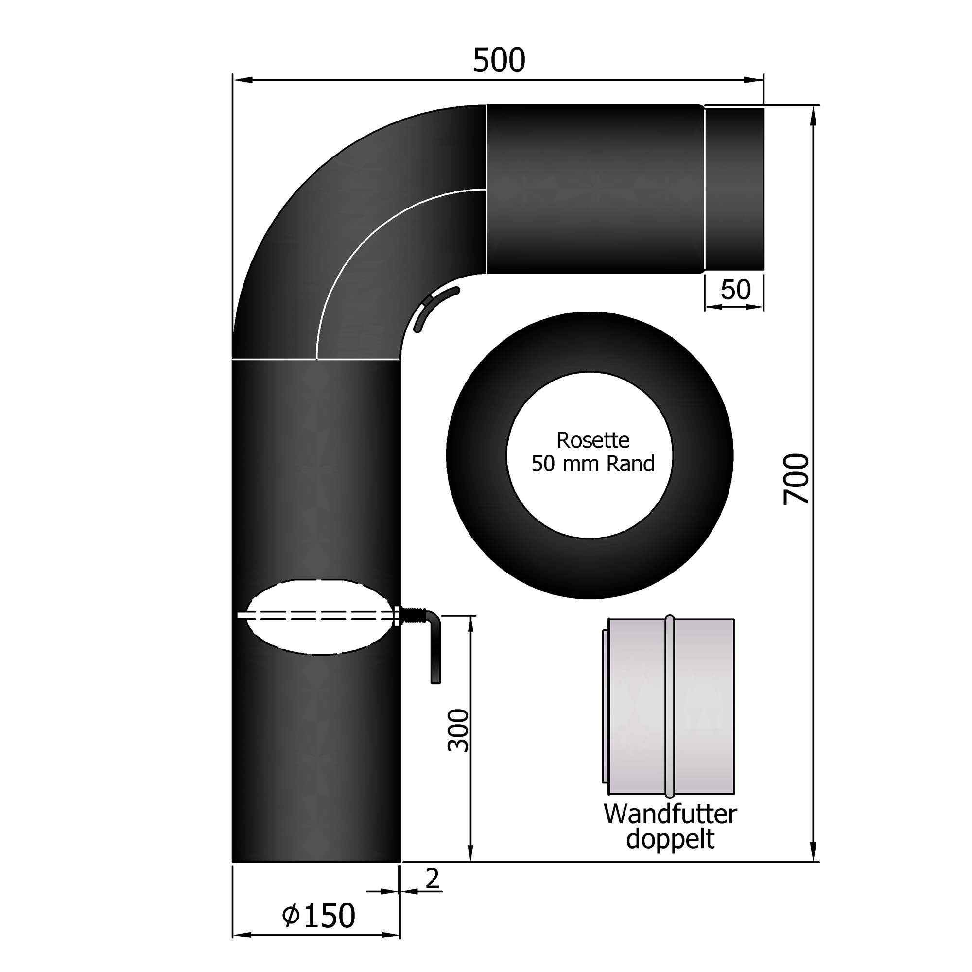 Rauchrohr Set Stahl 90° 700 x 500 mm schwarz, gezogen SM13-430.1