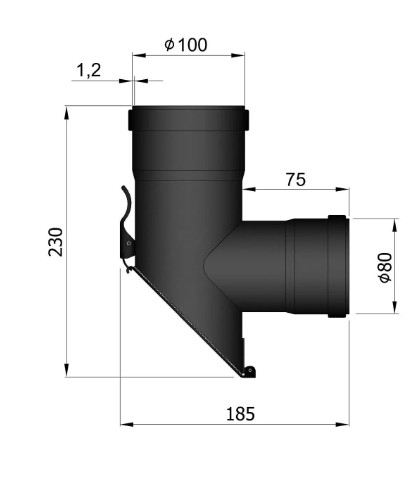T-Stück Pellet-Ofenrohr 90° schwarz mit 45° Prüföffnung, Muffe-Muffe, Übergang 80/100 mm