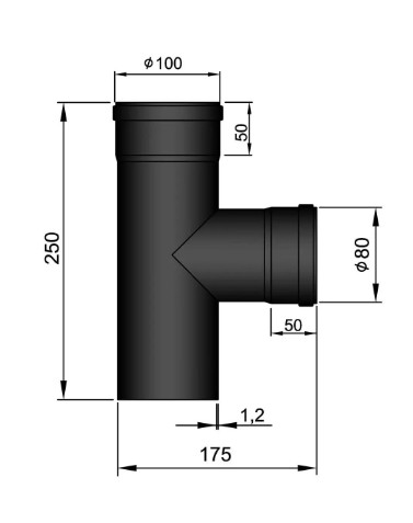 T-Stück Pellet-Ofenrohr 90° Ø 80 mm schwarz,  Muffe-Muffe, Übergang 80/100mm